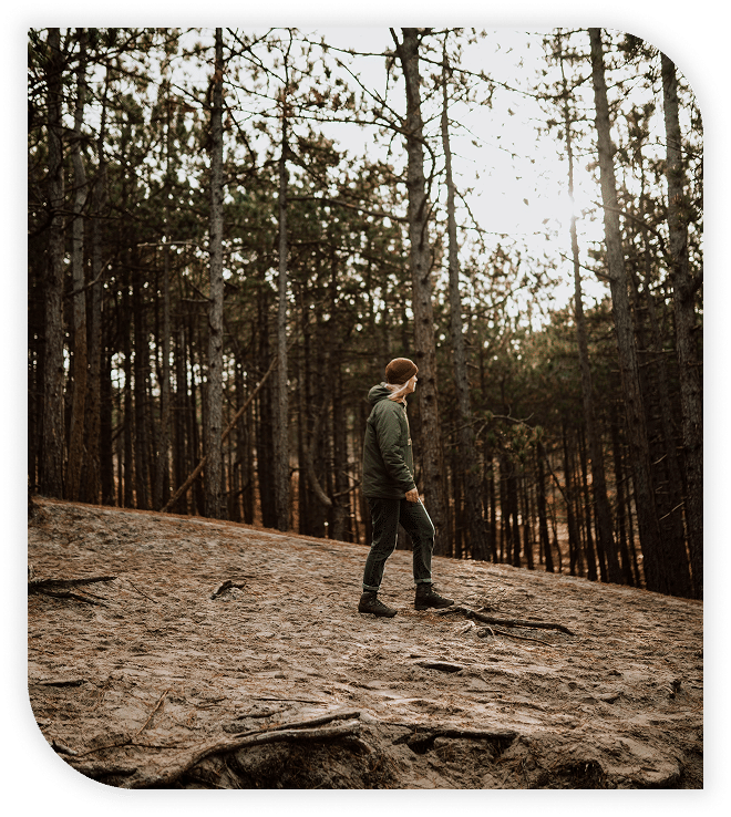 Person walking through a pine forest on a sandy trail during golden hour.